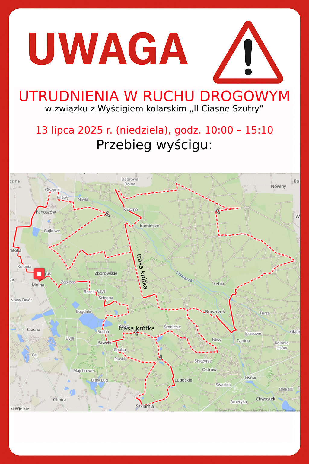 Alt=&quot;Komunikat o utrudnieniach w komunikacji podczas Wyścigu rowerowego &quot;Ciasne Szutry 13.07.2025r.&quot;.&quot;