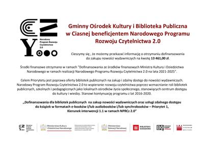 Alt="Gminny Ośrodek Kultury i Biblioteka Publiczna  w Ciasnej beneficjentem Narodowego Programu Rozwoju Czytelnictwa 2.0"