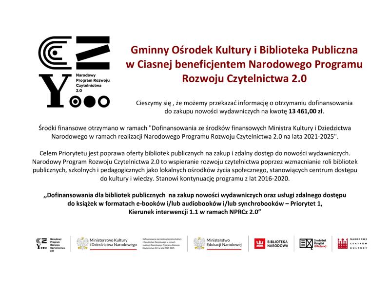 Alt="Gminny Ośrodek Kultury i Biblioteka Publiczna  w Ciasnej beneficjentem Narodowego Programu Rozwoju Czytelnictwa 2.0"