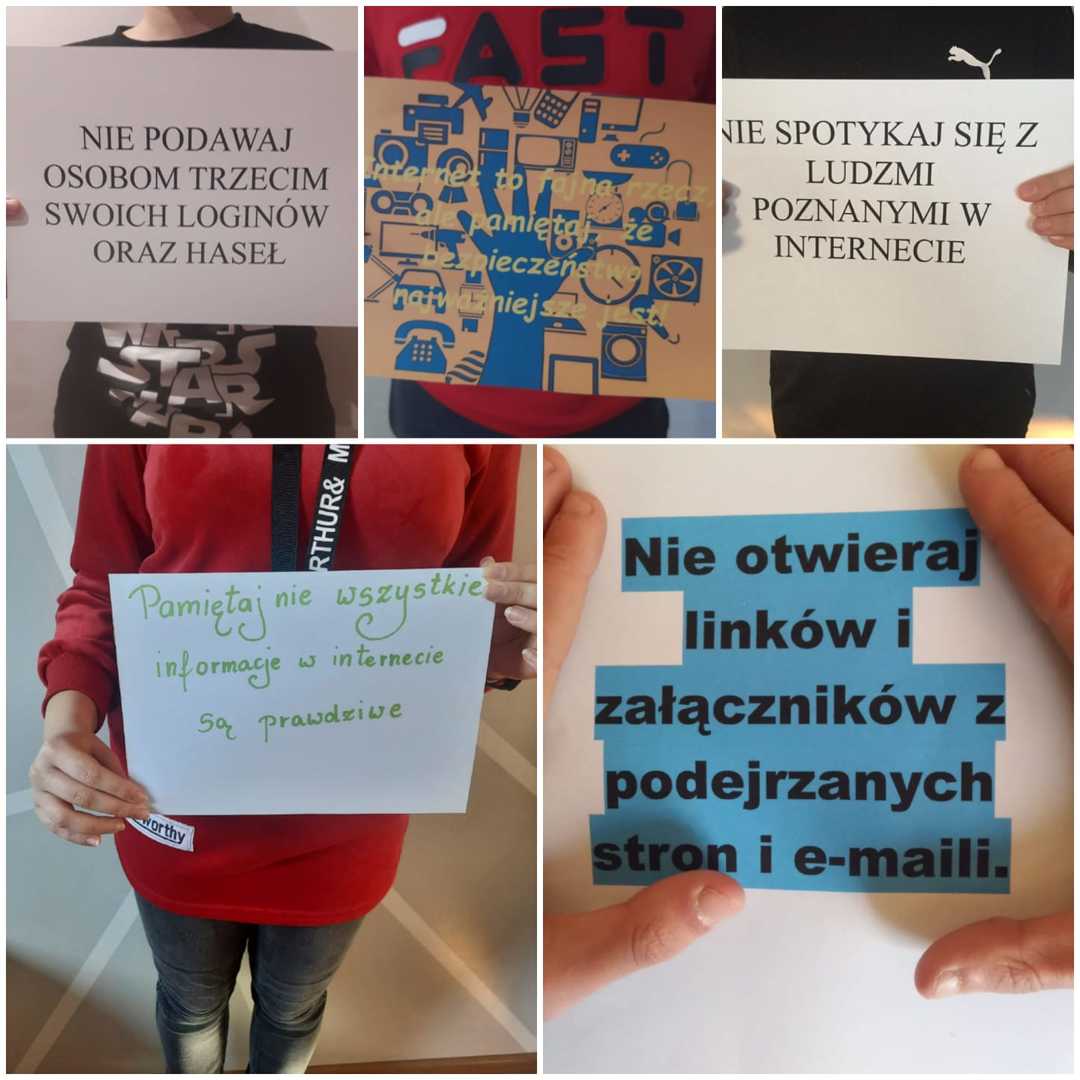 Alt= "Zdjęcie przedstawia kolaż zdjęć z hasłami dotyczącymi bezpieczeństwa w internecie."