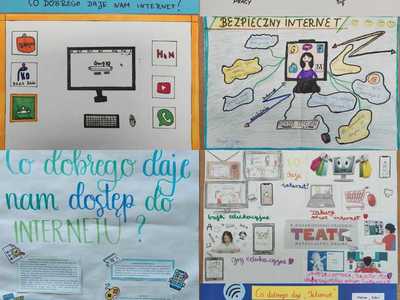 Alt= "Zdjęcie przedstawia kolaż zdjęć z hasłami dotyczącymi bezpieczeństwa w internecie."