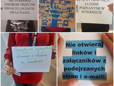 Alt= "Zdjęcie przedstawia kolaż zdjęć z hasłami dotyczącymi bezpieczeństwa w internecie."