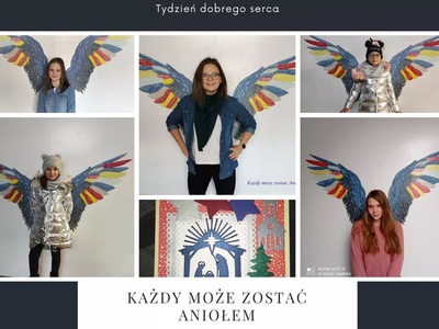Alt= "Zdjęcie przedstawia kolaż zdjęć osób ze skrzydłami aniołów w Szkole Podstawowej w Zborowskiem. "