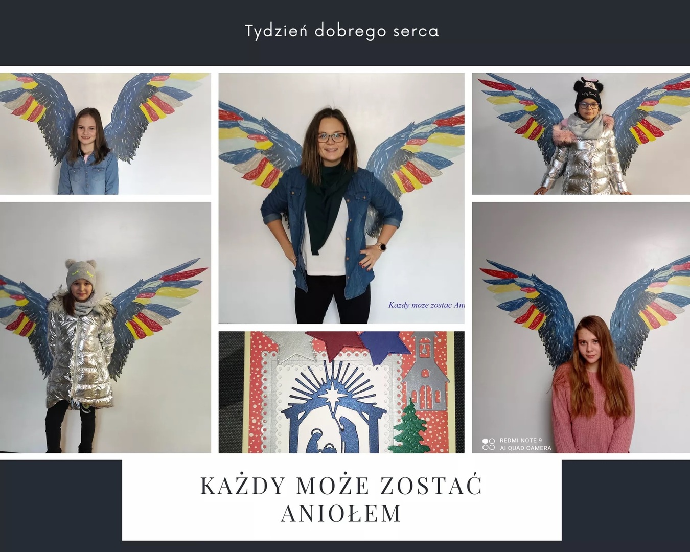 Alt= "Zdjęcie przedstawia kolaż zdjęć osób ze skrzydłami aniołów w Szkole Podstawowej w Zborowskiem. "