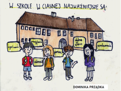 Alt= "Zdjęcie przedstawia rysunek wykonany do gazetki szkolnej."