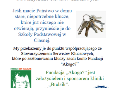 Alt="Zdjęcie przedstawia plakat promujący zbiórkę kluczy. Zdjęcie: SP Ciasna."