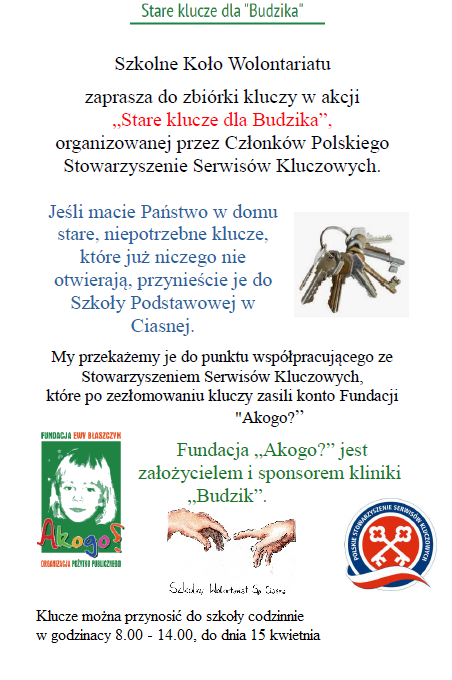 Alt="Zdjęcie przedstawia plakat promujący zbiórkę kluczy. Zdjęcie: SP Ciasna."
