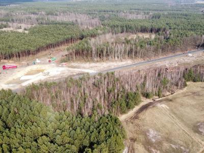 Alt="Zdjęcie przedstawia bieżącą wycinkę lasów pod budowę drogi S11- teren Łomnicy ok. 30h. Zdjęcie- Gmina Ciasna"