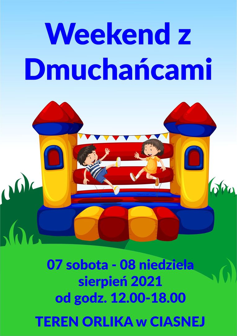 Alt="Plakat informujący o darmowych dmuchańcach dla dzieci."