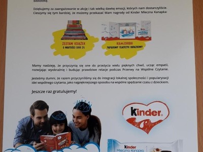 Alt="Zdjęcie przestawia wygraną w konkursie Kinder Kanapka dla biblioteki."