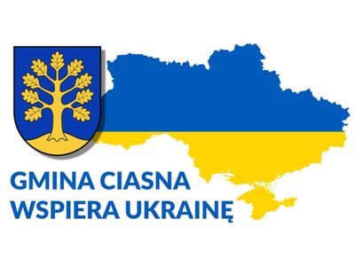 Alt: "Zdjęcie przedstawia Herb Gminy Ciasna, mapę Ukrainy w kolorach flagi Ukraińskiej, napis Gmina Ciasna wspiera Ukrainę."