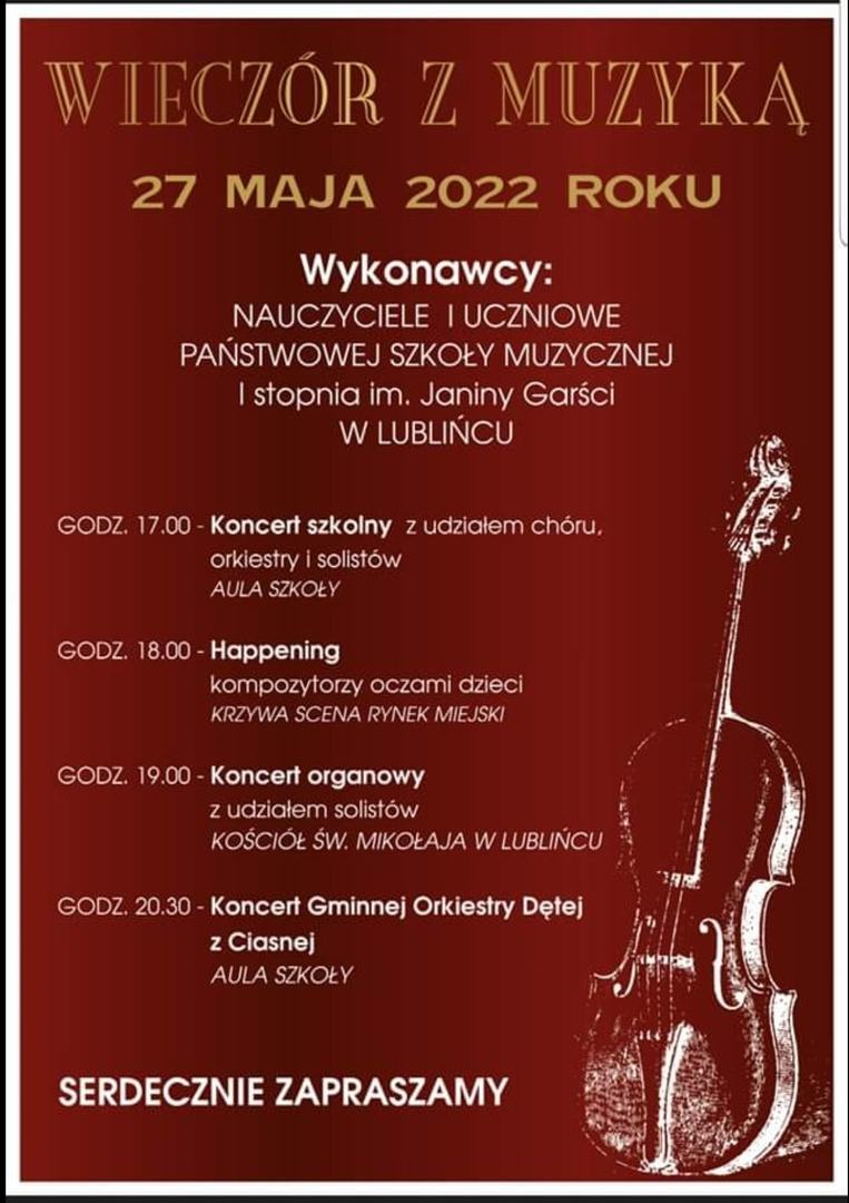 Alt="Plakat "Wieczór z Muzyką" gdzie wystąpi gminna Orkiestra Dęta z Ciasnej."