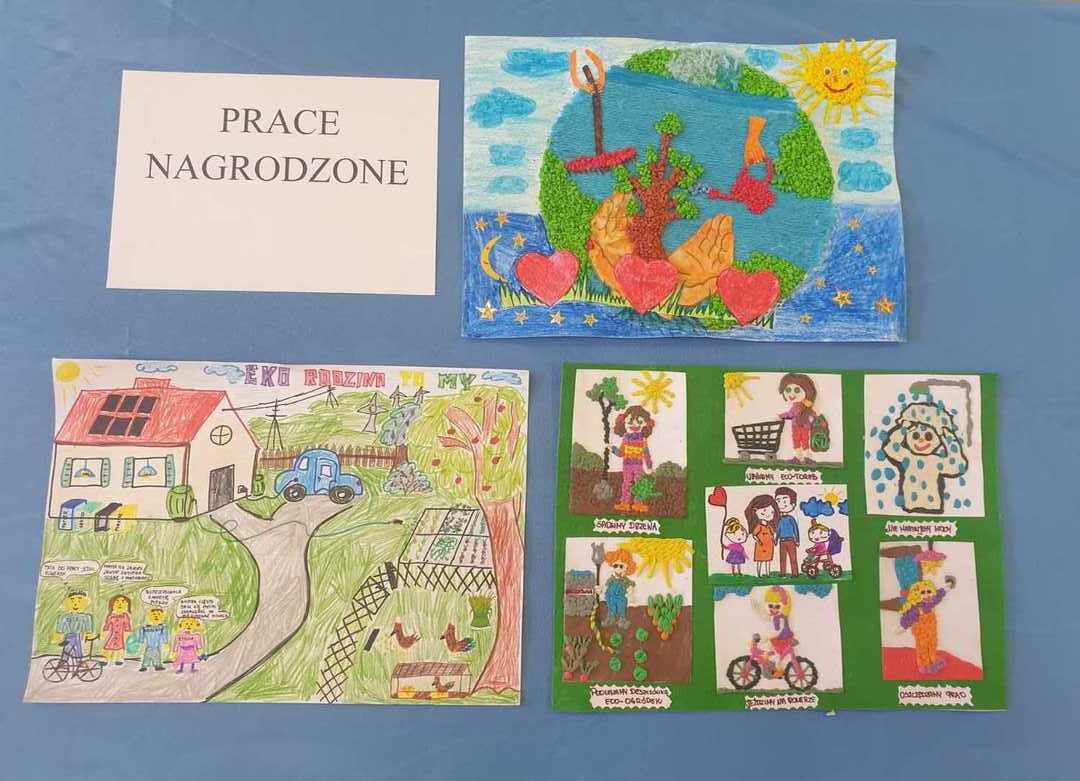 Alt="Zdjęcie przedstawia nagrodzone prace z konkursy "Eko rodzina to my!"."