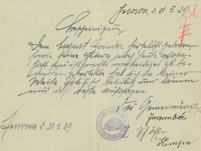 Alt="Zdjęcie przedstawia dokument z pieczęcią z Jeżowej."