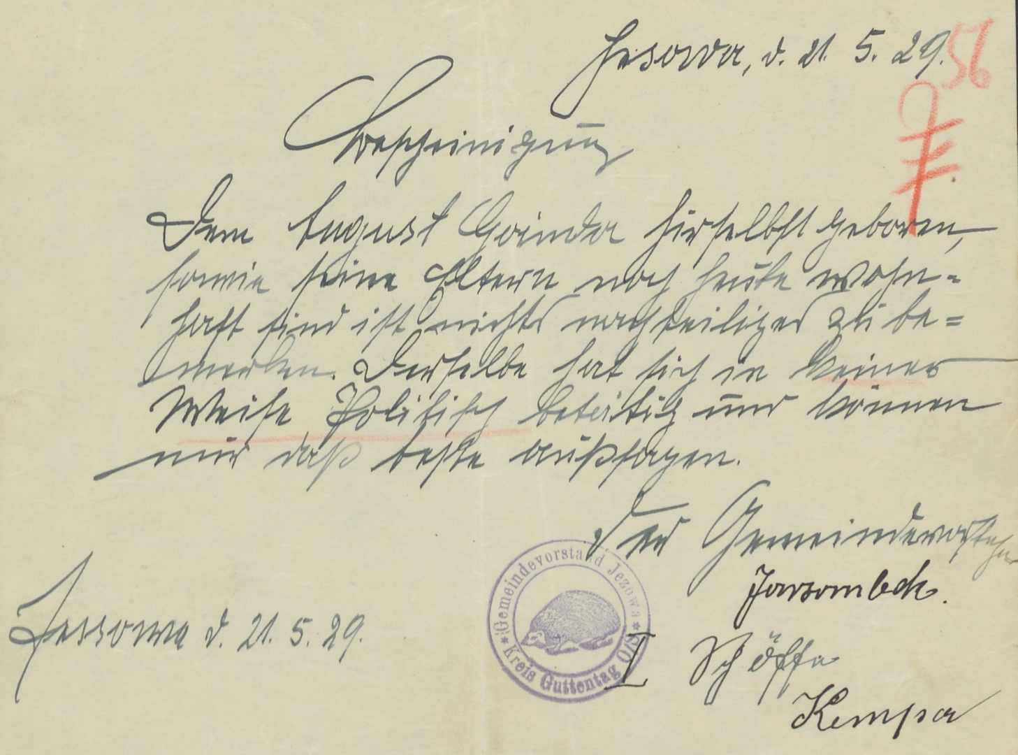 Alt="Zdjęcie przedstawia dokument z pieczęcią z Jeżowej."