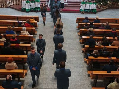 Alt="Zdjęcie przedstawia Orkiestrę Dętą z Ciasnej podczas mszy w jej intencji."
