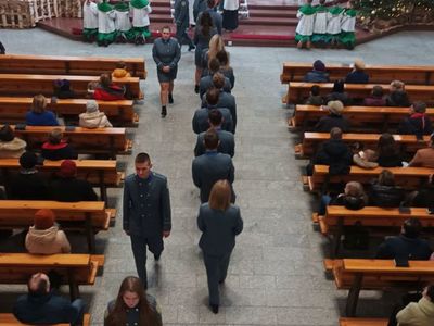 Alt="Zdjęcie przedstawia Orkiestrę Dętą z Ciasnej podczas mszy w jej intencji."