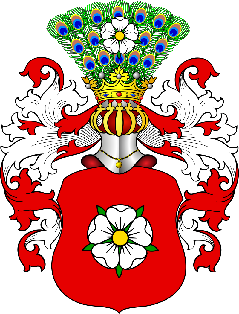 Alt="Herb Żaliński Ia, najbardziej zbliżony wizualnie do herbu Poraja, którego używali Rózyce sierakowscy - srebrna róża na czerwonym tle z pawimi piórami na hełmie. Zródło: https://pl.wikipedia.org/wiki/%C5%BBali%C5%84ski_(herb_szlachecki) "