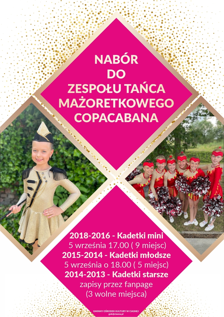 Alt="Zdjęcie przedstawia plakat naboru do Zespołu Copacabana 2023r."