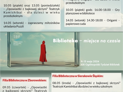 Alt="Plakat wydarzeń na Ogólnopolski Tydzień Bibliotek."