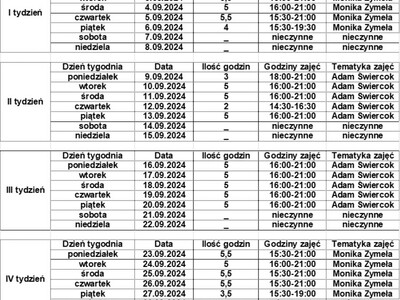Alt="Tabela z godzinami otwarcia orlika w Ciasnej."