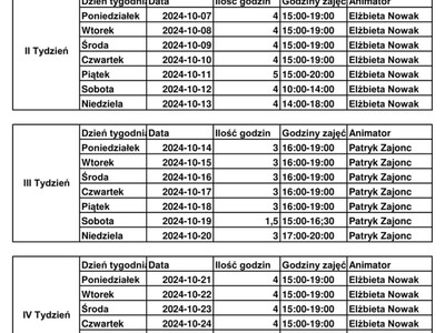 Alt="Tabelka z godzinami otwarcia orlika w Sierakowie Śląskim w październiku 2024."