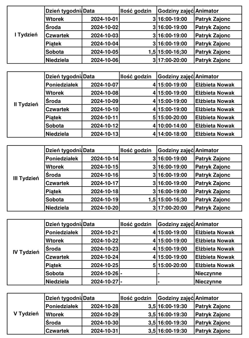 Alt="Tabelka z godzinami otwarcia orlika w Sierakowie Śląskim w październiku 2024."
