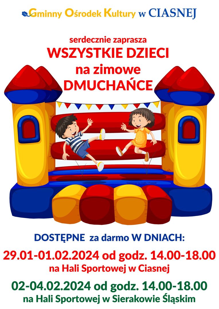Alt="Zdjęcie przedstawia plakat na dmuchańce na hali."