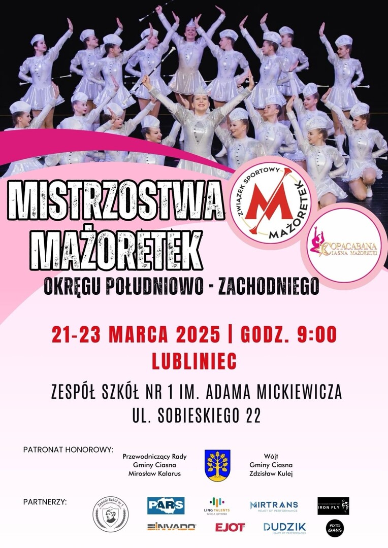 Alt="Plakat na Mistrzostwa Okręgu Południowo-Zachodniego Związku Sportowego Mażoretek."