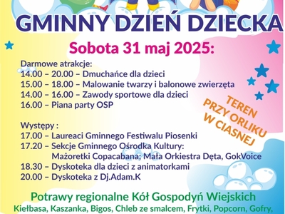 Alt="Plakat na imprezę Gminny Dzień Dziecka, 2025r."