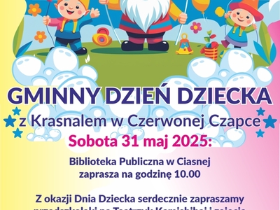 Alt="Plakat na Gminny Dzień dziecka w Bibliotece, 2025r."
