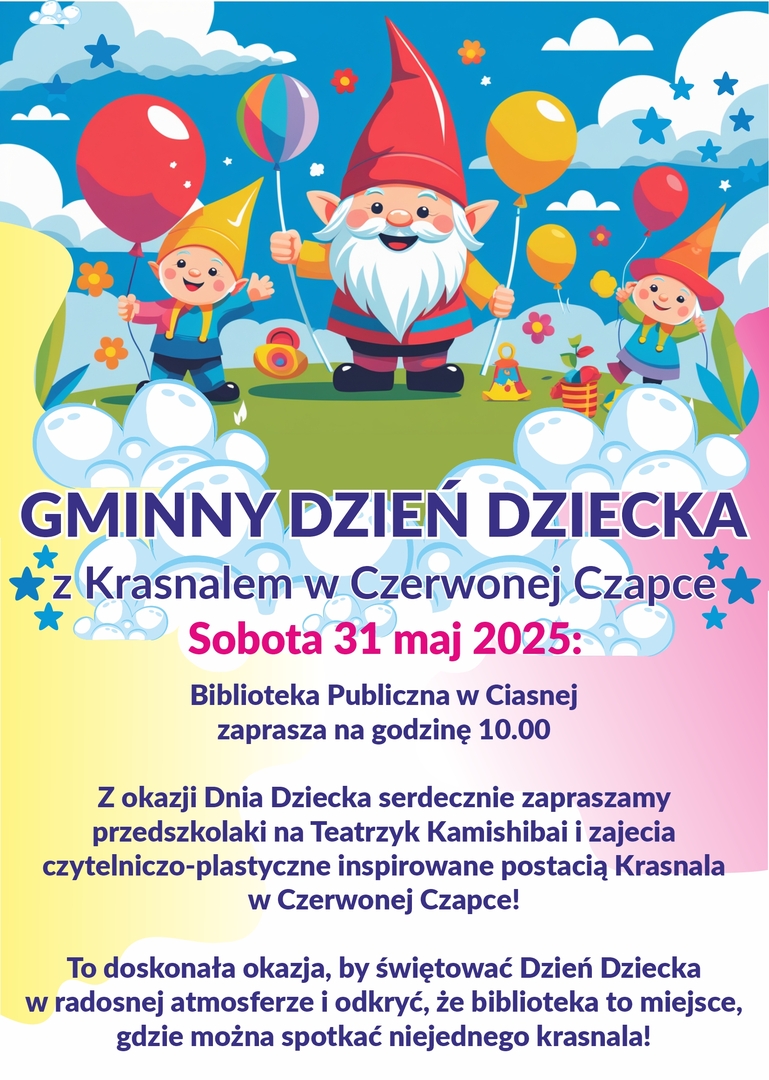 Alt="Plakat na Gminny Dzień dziecka w Bibliotece, 2025r."