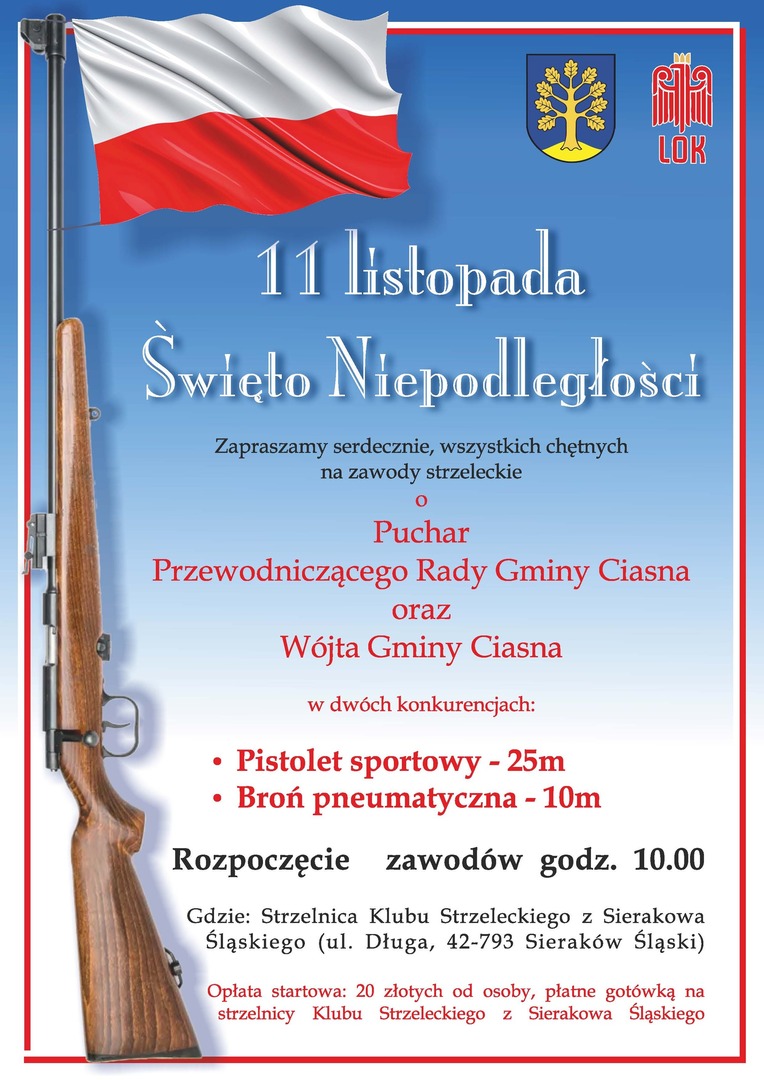 alt="Plakat na zawody strzeleckie z okazji Święta Niepodległości 11 Listopada."