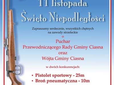 alt="Plakat na zawody strzeleckie z okazji Święta Niepodległości 11 Listopada."