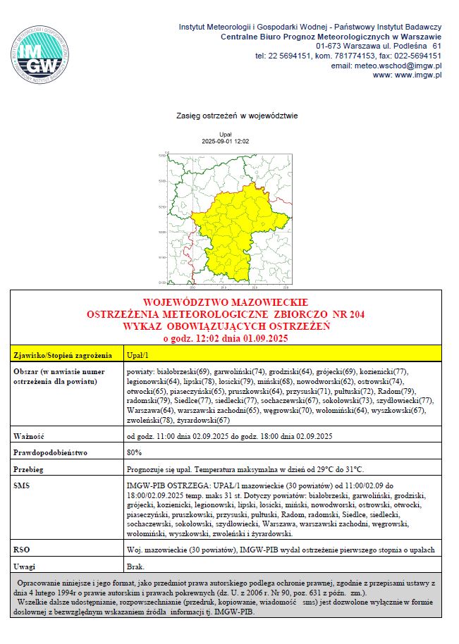 Mapka z zaznaczonym na żółto obszarem, na którym wystąpi niekorzystne zjawisko meteorologiczne. 