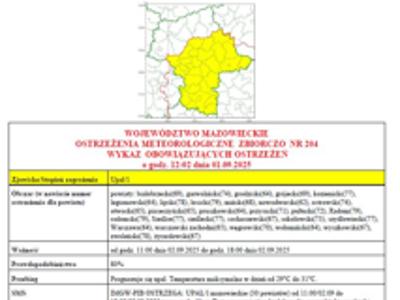 Mapka z zaznaczonym na żółto obszarem, na którym wystąpi niekorzystne zjawisko meteorologiczne.
