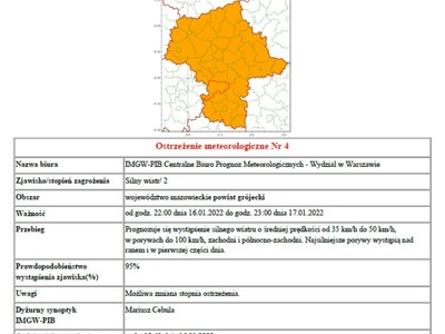 mapa województwa mazowieckiego, zaznaczony kolorem pomarańczowym zakres ostrzeżenia meteo