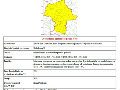 mapa województwa mazowieckiego, zaznaczony kolorem żółtym zakres ostrzeżenia meteo