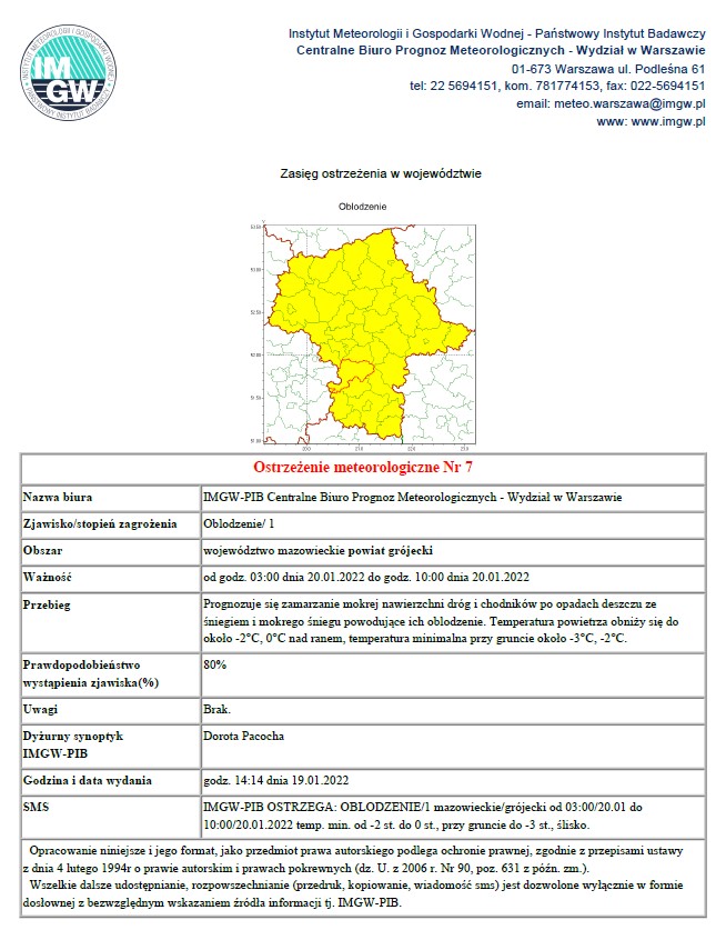 mapa województwa mazowieckiego z zaznaczonym na żółto obszarem ostrzeżenia
