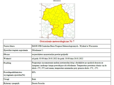 mapa województwa mazowieckiego z zaznaczonym na żółto obszarem ostrzeżenia