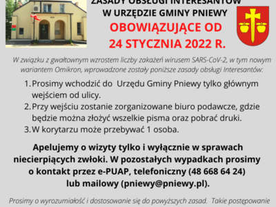 budynek Urzędu Gminy Pniewy, herb, informacje dotyczące zasad obsługi