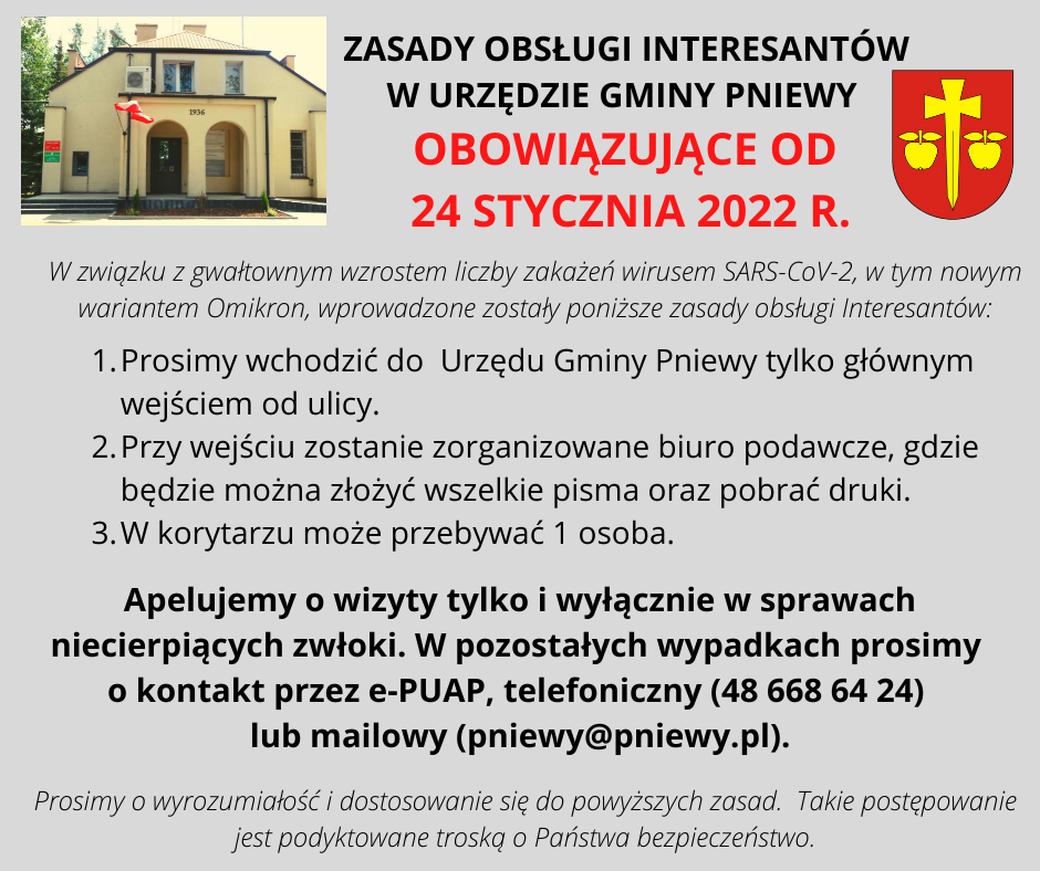 budynek Urzędu Gminy Pniewy, herb, informacje dotyczące zasad obsługi