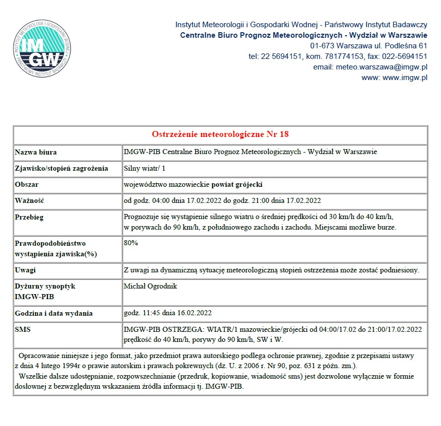 Ostrzeżenie meteorologiczne 16.02.2022r.
