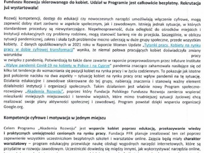 Informacja w sprawie bezpłatnych warsztatów dla kobiet.