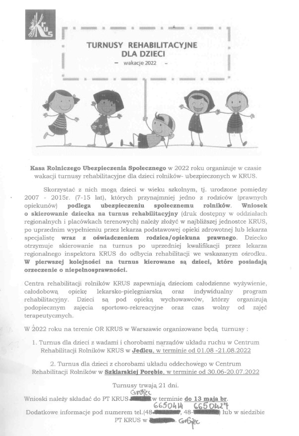 Turnusy rehabilitacyjne dla dzieci z KRUS
