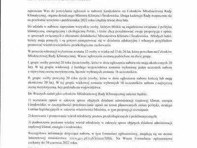 Informacja w sprawie naboru do Młodzieżowej Rady Klimatycznej.