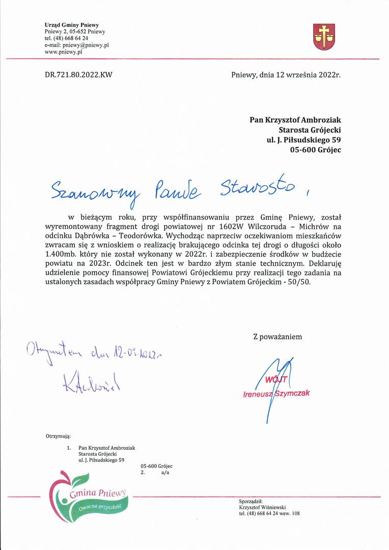 Kopia pisma do Starosty Grójeckiego
