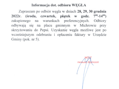 Informacja w sprawie odbioru węgla