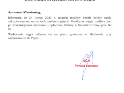Informacja w sprawie odbioru węgla w dniu 24.02.2023 r.