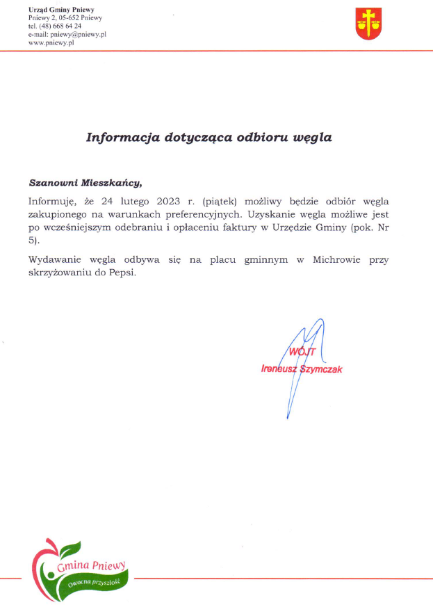 Informacja w sprawie odbioru węgla w dniu 24.02.2023 r.